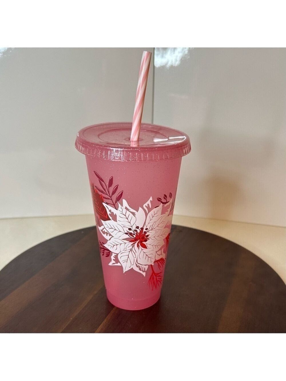 Starbucks 2022 Holiday Pink Glitter Floral Cold Cup Tumbler 24 oz w/ Straw